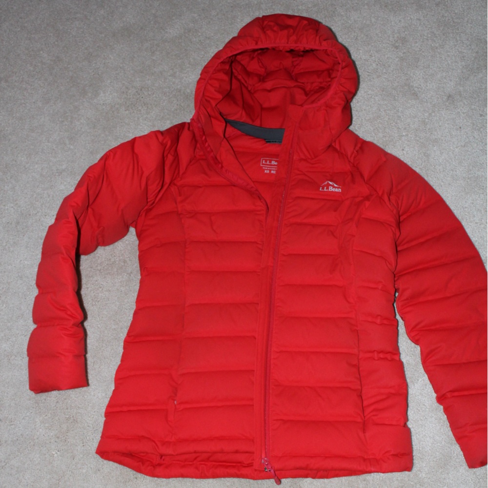 LL Bean red down jacket with hood.  Snug, warm, colorful
